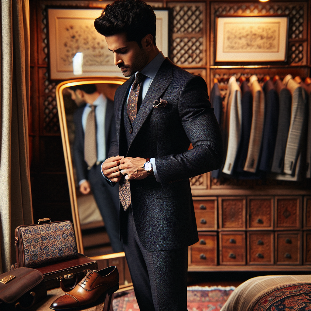 What Should Men Wear to a Semi-Formal Wedding: Exclusive Guide Imagine a detailed scene featuring a South Asian man inspecting his semi-formal wedding attire in front of a mirror. He wears a dark navy suit paired with a light-colored dress shirt, a patterned understated tie, and a matching pocket square. Polished brown dress shoes and a classic wristwatch add the finishing touches to his outfit. The room around him is tastefully decorated, with a vintage wooden wardrobe, a rug with intricate patterns, and soft warm lighting.
