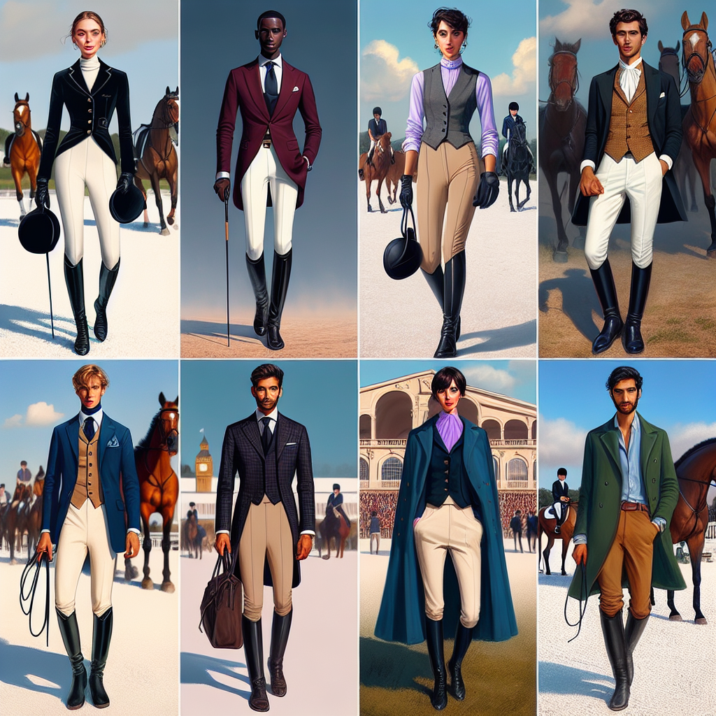 Imagine a dazzling display of high fashion at a prestigious horse show event. Vision a group of five individuals, capturing the beauty and elegance of horse show attire. Picture a Caucasian woman in a chic black riding jacket, crisp white shirt, and beige jodhpurs, clutching a shiny black riding crop. Then, imagine a Black man in a burgundy dress coat, grey vest, navy trousers, and polished black riding boots. Cast a Middle-Eastern woman wearing an exquisite gold-trimmed jacket, lavender shirt, and jet-black jodhpurs. Next, visualize a South Asian man donning a bottle green coat, sand-colored breeches, and brown boots. Lastly, envision a Hispanic woman in a vibrant royal blue jacket, light blue shirt, and dark blue breeches. All are ready to grace the event with their stunning outfits, radiating effortless elegance.