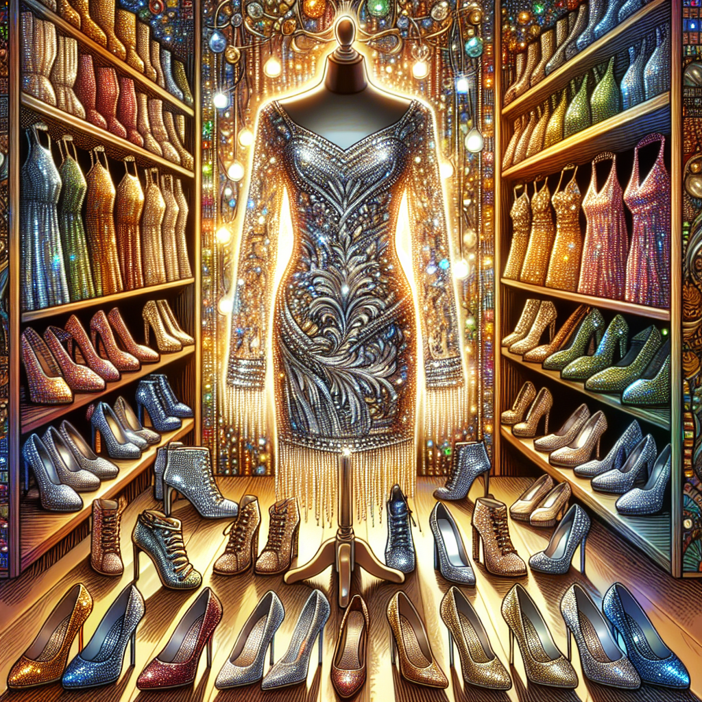 Find the Perfect Shoes for Your Silver Sequin Dress Design an intricate, brilliantly vibrant image of a fashion scene. There is a luxurious silver sequin dress draped on a mannequin. The dress sparkles under the warm store lights, highlighting its stunning details and craftsmanship. Directly underneath, perfectly aligned is an array of assorted stylish shoes in varying designs. There are high heels, pumps, flats, in colors and materials that subtly reflect the glitz of the sequin dress. Show a few prospective pairs being closer to the dress, as if being considered for their compatibleness. Overall, the picture should evoke a feeling of anticipation and elegance.