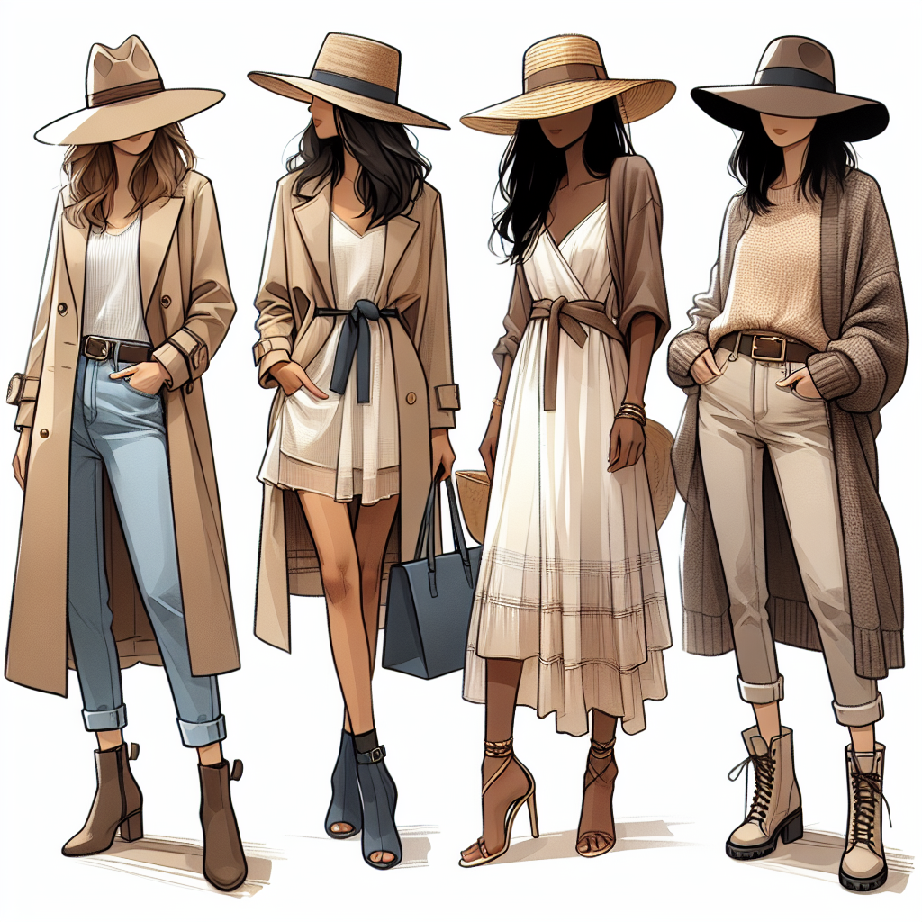 Stunning Fedora Outfits for Her: Effortless Style Tips Create a well-detailed scene showcasing three unique outfits featuring fedora hats for women. Firstly, an early autumn look with a Caucasian woman wearing a beige fedora, paired with a chic trench coat and ankle boots. Secondly, depict a Black woman in a summer ensemble, donning a straw fedora, a light, flowy dress and strappy sandals. Lastly, show an Asian woman in a cool winter outfit sporting a dark wool fedora, a cozy knit sweater and tall boots. Each style should exude effortless chic and provide tangible inspiration for fashion-centric audiences.