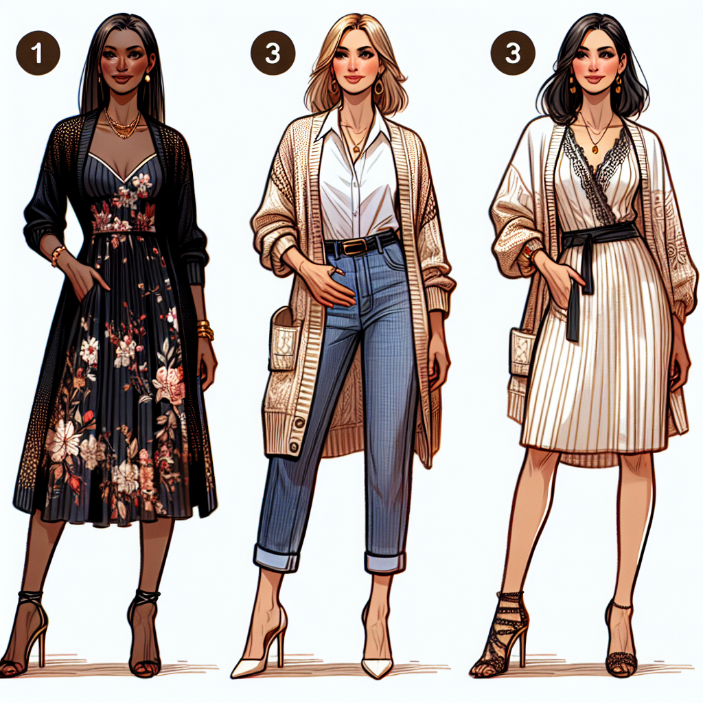 Stunning Looks for Women: What to Wear Under a Cardigan Visualize a fashion-forward scene, providing style inspiration to many women. The primary focus lies on beautiful and smart outfits to wear under a cardigan. Picture a Black woman in a chic, knee-length dress with patterned florals. Next to her, depict a Caucasian woman pairing her cardigan with a casual white shirt and denim jeans. Finally, show a Middle-Eastern woman wearing her cardigan over a stylish blouse paired with a pencil skirt. Each of them carries their unique style, looking confident and poised, offering a versatile style guide for many.