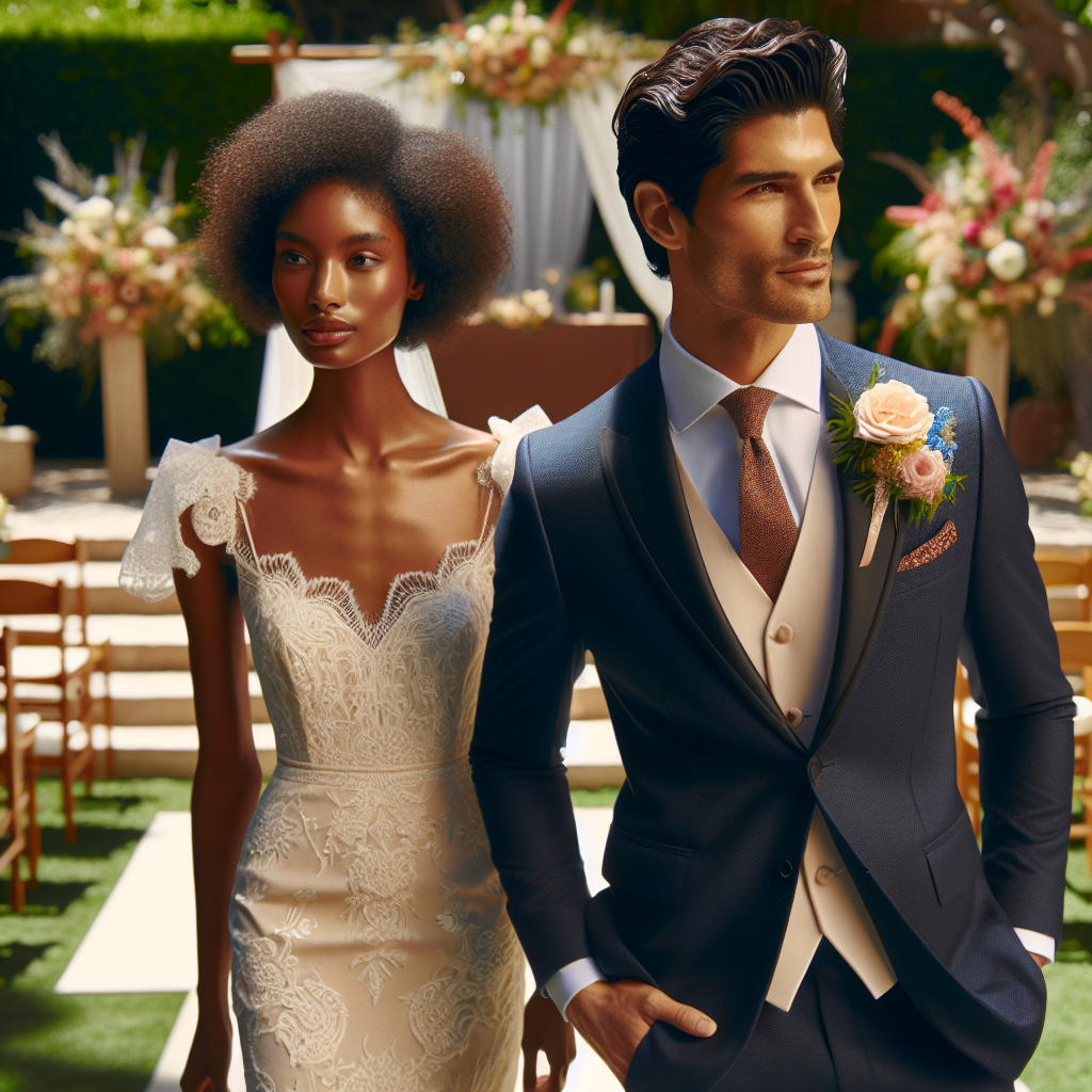 A dynamic scene at a sunny outdoor wedding: On the right, an East Asian man dressed in a tailored navy blue suit, subtly accented with a delicate rose boutonniere, stands confidently. To the left, a Black woman elegantly wearing an ivory cocktail dress adorned with delicate lace detailing and sporting carefully picked accessories looks toward the groom and bride. Both carry a warm smile, embodying the joyous atmosphere of the occasion. The setting features a lush garden with an altar in the distance, adorned with an array of vibrant floral arrangements.