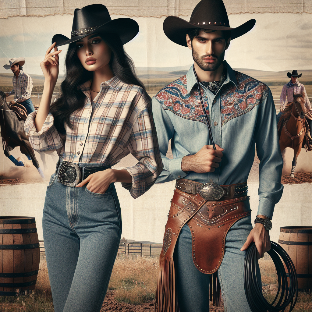 Create a visually engaging image that features an array of stunning rodeo outfits. A South Asian woman should be showcased wearing a classic plaid shirt, denim jeans, and a studded belt, while holding a cowboy hat in one hand. A Middle-Eastern man should be depicted wearing a western-style embroidered shirt, leather chaps, and a wide-brimmed cowboy hat, with a lasso casually draped over his shoulder. In the background, hint at a rodeo scene with barrels, horses, and a vast open prairie. This image should capture the essence of effortless rodeo style.