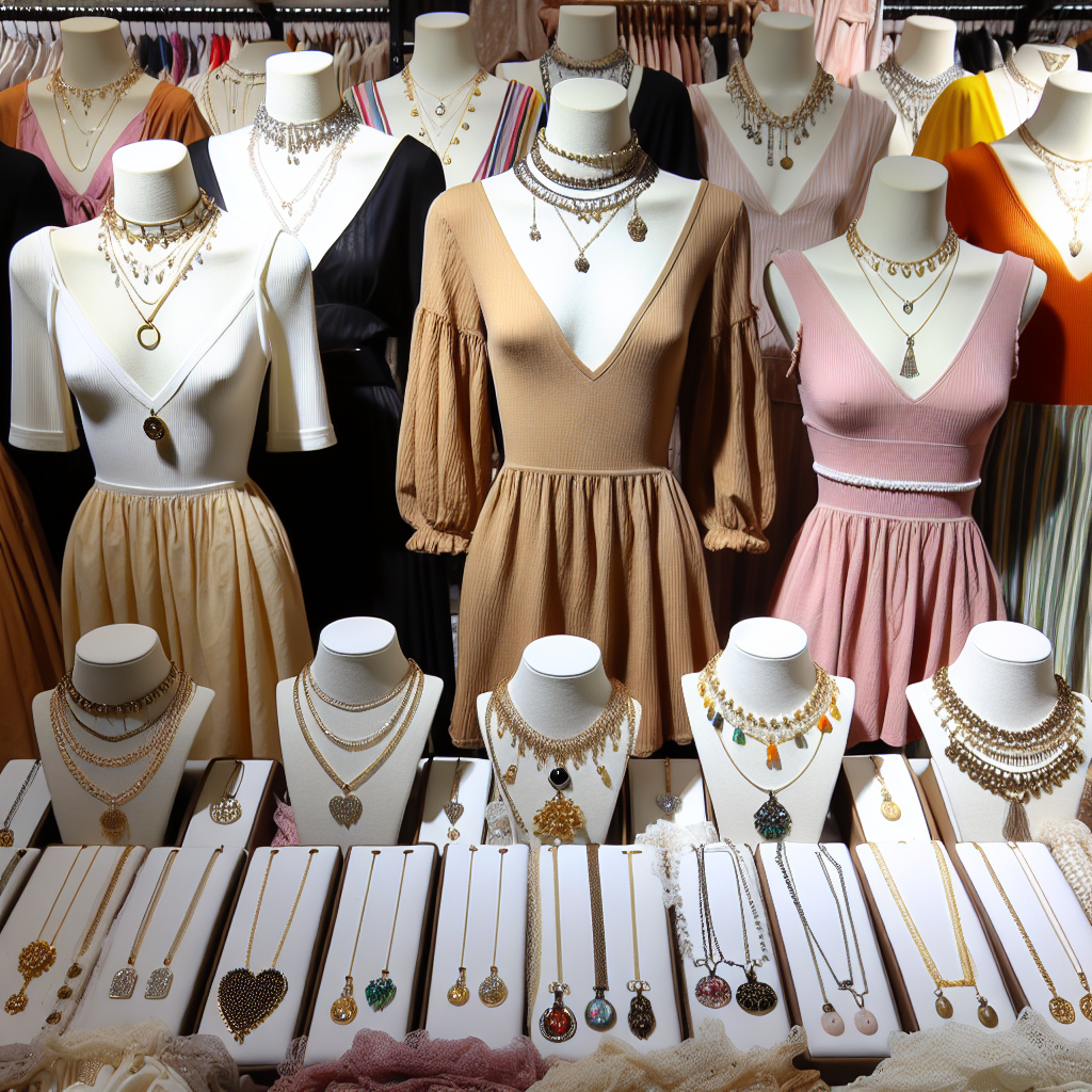 Must-Have Necklaces for V-Neck Dresses! Display a fashionable array of must-have necklaces artistically arranged on top of various kinds of V-neck dresses. The dresses should cover a wide color palette ranging from vibrant to earth tones. The necklaces must exhibit different designs, showcasing delicate chains, heavy statement pieces, and charm necklaces, suitable for various occasions. Add a touch of realism by having these dresses worn by mannequins, with a well-lit and neutral background, to highlight the beauty of the pieces. The aim is to capture the essence of dressing up a V-neck dress with the perfect necklace.