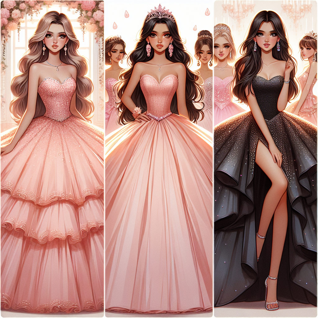 Stunning Outfits for Quince: Flaunt Your Rectangle Shape Imagine a fashion spread showcasing a variety of stunning outfits for a Quinceañera celebration. The outfits are specially designed for young girls with a rectangle body shape. The first outfit is a beautiful, voluminous, baby-pink ball gown, accentuated with discrete sequins and a fitted waist. The second outfit highlights a Latin-American descent girl wearing an elegant, peach-colored mermaid-style dress that flatters her figure. The final outfit manifests a black, strapless, A-line dress, adorned with gemstones, worn by a Caucasian girl. Each outfit is paired with matching accessories and complemented by a grand, festive background.