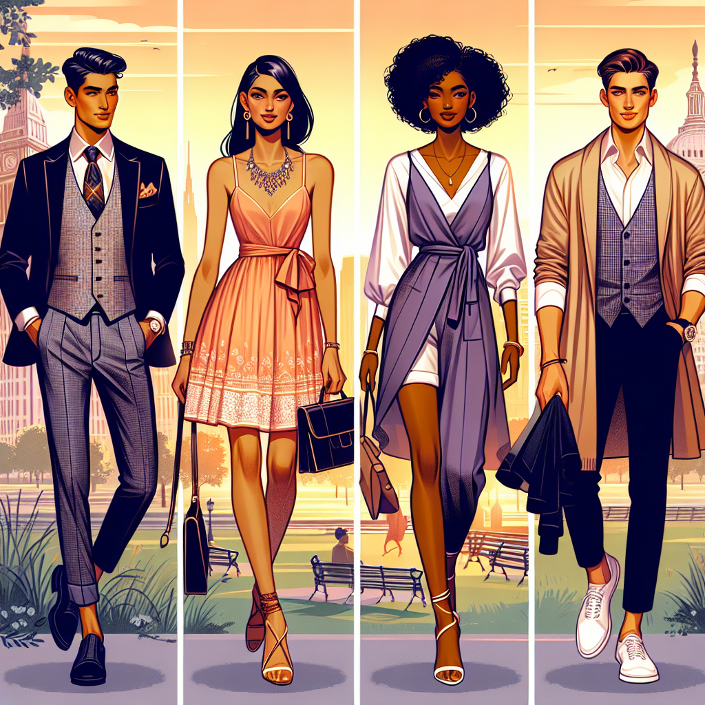 Stunning Outfits for Walking Dates: Effortless Style! A vibrant, sartorial illustration showcasing four unique and stylish outfits perfect for a walking date. Depict a South Asian man in a tailored, smart-casual outfit; a Hispanic woman in a chic summer dress with accessories; a Black woman elegantly dressed in a stylish jumpsuit; and a Caucasian man in a comfortable yet fashionable ensemble of a lightweight jacket and jeans. Surround them with a city park backdrop indicating the idea of a leisurely stroll, and hint towards the mood of romance with soft, sunset colors in the sky.