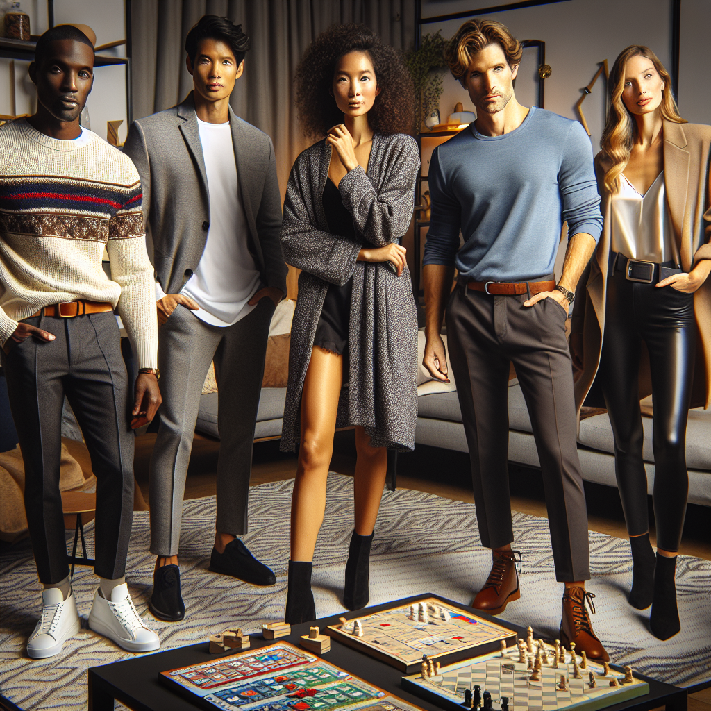 Must-Have Outfits for Game Night: Stylish & Effortless Visualize a group of fashionable individuals at a game night event, displaying an array of stylish yet effortless outfits suitable for a variety of body types. The first person could be a Black man wearing a modern, comfortable sweater with a well-fitted pair of jeans. Next to him, a Hispanic woman wears a chic casual dress, paired with a chunky cardigan. A South Asian man nearby sports a smart graphic t-shirt and chinos, while a Caucasian woman opts for simplicity with a trendy blouse and black leggings. The setting could be a room with board games spread out on a table, adding to the casual and fun atmosphere.