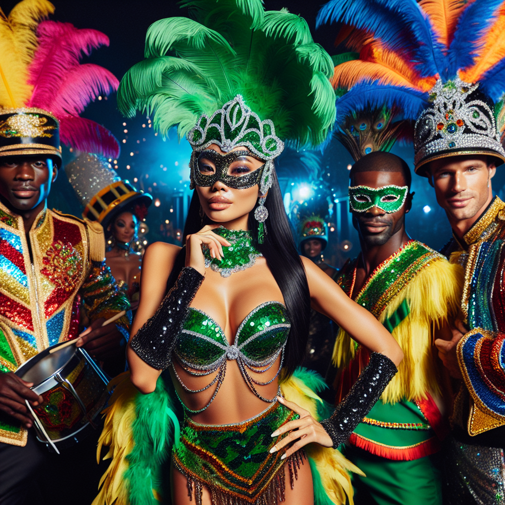 Stunning Outfits for a Rio Carnival-Themed Party Picture a vibrant scene of a themed party inspired by the Rio Carnival. In the center, an Asian woman stylishly adorned in a sequined outfit in bright colors like green, gold, and yellow, complete with feathered headdress and a masquerade mask. To her right, a black man clad in a samba-inspired attire with energetic shades such as red, blue, and orange, featuring numerous beads and sequins. On the left, a Caucasian man in a drum major's uniform typical of Rio's Carnival, with a cap decorated with plumage in an array of festive colors.
