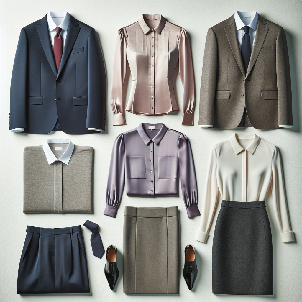 A carefully curated wardrobe selection laid out against a clean, bright background. Showcase three different professional interview outfits. The first outfit is a sleek navy suit worn by a Middle-Eastern man, complete with matching trousers, a crisp white shirt, and a shiny burgundy tie. The second outfit is for a Black woman, featuring an elegantly tailored beige pantsuit, a lavender blouse, and a delicate pearl necklace. The final outfit, modelled by a Caucasian woman, is a modern spin on the traditional business attire comprised of a charcoal grey skirt, a light blue button-up shirt, and a chic black blazer.
