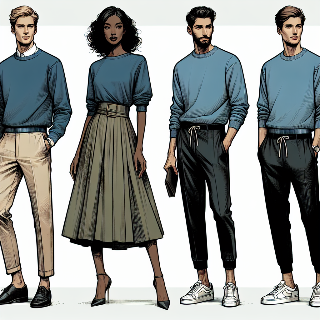 What to Wear with a Blue Sweatshirt: Effortless Styles Visualize an elegant style guide showcasing four distinct apparel pieces that pair well with a blue sweatshirt. The first, a Caucasian man dressed in the blue sweatshirt paired with classic beige chinos. The second, a Black woman donning the same sweatshirt, styled with a high-waisted olive green skirt. The third, a Middle-Eastern woman in the blue sweatshirt matched with high-rise jeans. The fourth, a South Asian man in the blue sweatshirt complemented with sporty black joggers. Emphasize its versatility by showing the mix and match possibilities with different accessories.