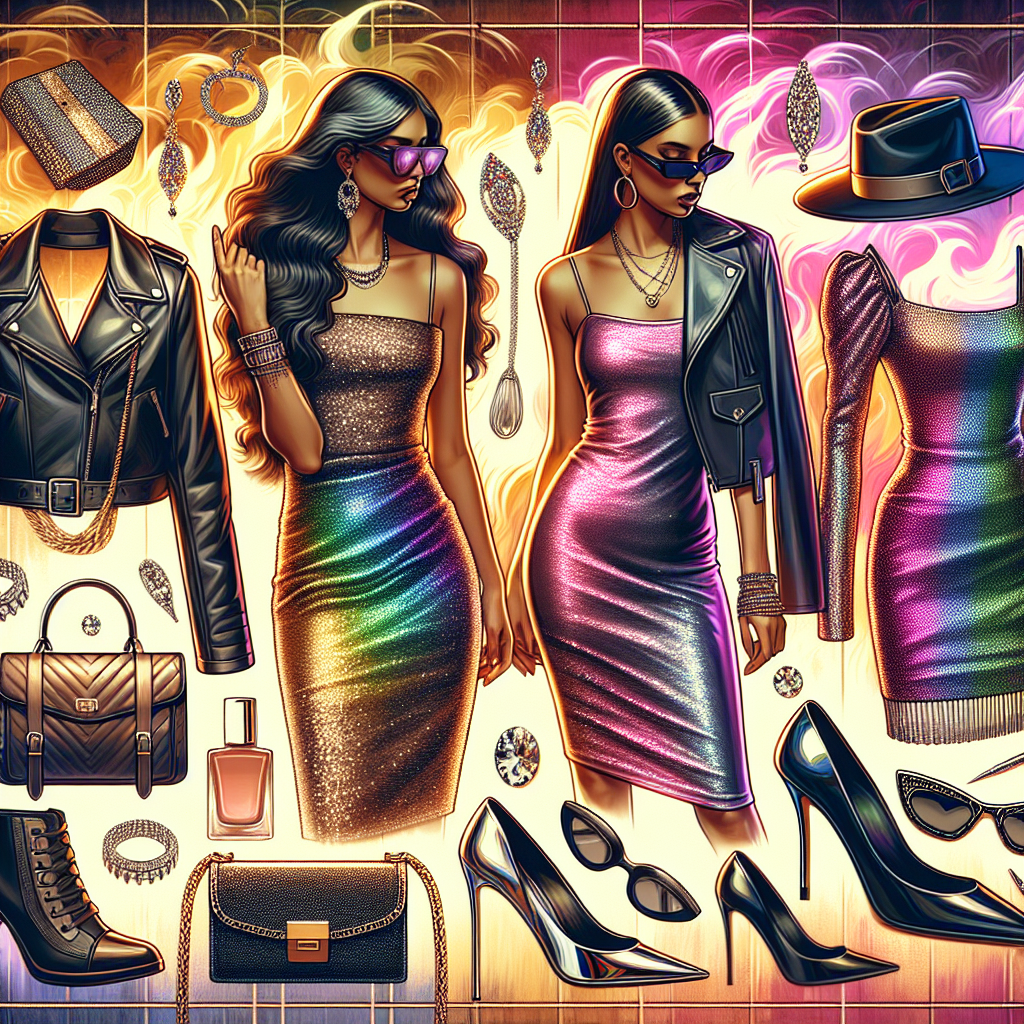 Visualize a variety of stylish, evening wear essentials suitable for clubbing. Include a trendy leather jacket worn by a Middle-Eastern woman, a glittery dress modeled by a Black woman, a statement-making, neon-colored bodycon dress worn by a Caucasian woman, high-heeled shoes, and a sling bag. Also depict an array of accessories like chunky jewellery, sunglasses, and a fashionable hat worn by a South Asian man. Set these against an abstract, vibrant backdrop hinting at the lively, energetic atmosphere of a nightclub.