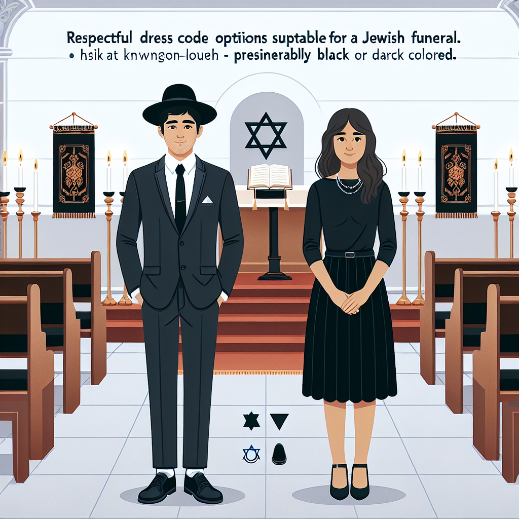What Should I Wear to a Jewish Funeral: Respectful Guide An educational infographic showing respectful dress code options suitable for a Jewish funeral. On the left, an East Asian man is pictured wearing a dark suit, a light-colored shirt, a black necktie and a black kippah on his head. On the right, we see a Hispanic woman dressed in modest attire - a knee-length dress preferably black or dark colored. Illustrate them respectfully standing in a synagogue, with a Torah scroll and a Star of David in the background for context.