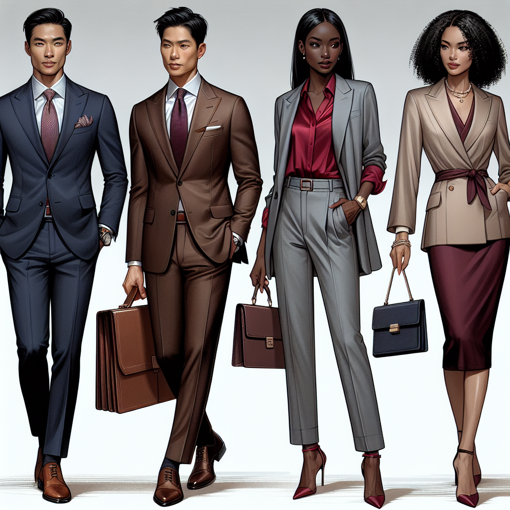 Stunning Outfits for Business Meetings: Dress to Impress Visualize a variety of striking business meeting outfits, that are stylish and professional. Imagine an Asian man wearing a well-tailored navy blue suit and a light pink tie, carrying an elegant, brown leather portfolio. By his side, a black woman confidently donning a dove-grey pantsuit paired with a ruby-red silk blouse, holding a sleek black clutch. Another scene could include a Middle-Eastern man in a crisp camel-colored suit, sporting a matching pocket square, while a Hispanic woman commands attention in a tailored burgundy dress with matching burgundy heels and a chic pearl necklace. Remember to emphasize the high quality, unique details, and the impact of each outfit.