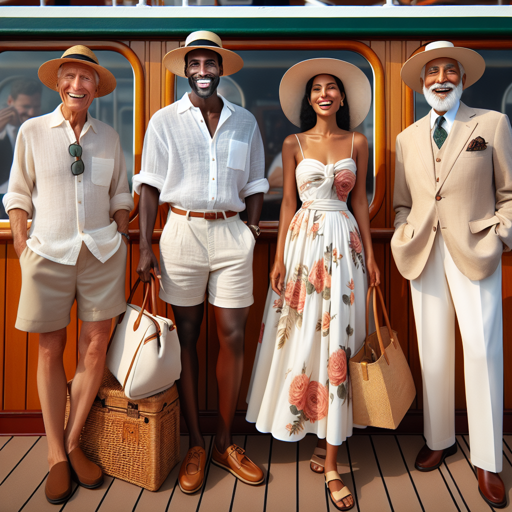 Imagine a vibrant picture displaying cheerful tourists onboard a traditional Norwegian cruise ship in the month of June. The clothes worn by the tourists are undeniably stunning. By looking from the right, you will see a middle-aged Caucasian man dressed in a breathable linen shirt, light khaki shorts and a casual Panama hat to protect from the sun. Next, there's a young black woman in a beautiful, floral summer dress wearing a wide-brimmed hat and sunglasses, carrying a fashionable tote handbag. Lastly, a South Asian elderly gentleman is seen wearing a light blazer with a silk pocket square, comfortable chinos and leather loafers, smiling radiantly while holding a traditional Norwegian drink in his hand.