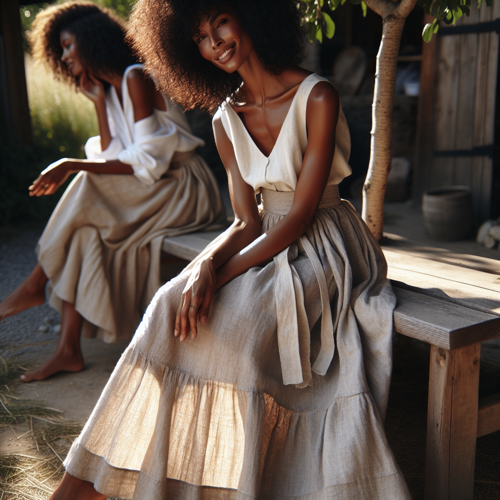 Imagine an outdoor scene, with a stylish woman showcasing her effortlessly chic look. She is Black, has natural curly hair and she's in her mid-thirties. She's wearing a long, flowy linen skirt, dyed in a soft shade of beige. The sunlight gently illuminates the natural fibers of the skirt, highlighting its texture and flow. Paired with the skirt, she dons a sleeveless white blouse, minimizing accessories to let the skirt be the star of the outfit. Sitting on a rustic wooden bench, she is laughing, her charm and charisma filling the image.