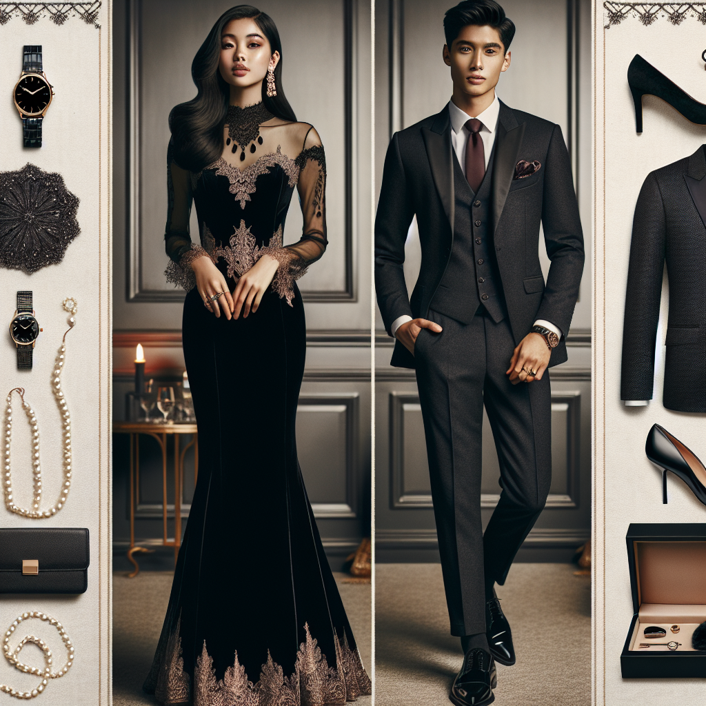 Imagine a visually appealing guide on what to wear for classy and elegant evening events. The guide includes several distinct elements. First, see a well-dressed woman of Asian descent in a long, black velvet gown with intricate lace detailing around the neck and at the cuffs, complemented by sophisticated pearl accessories. Next to her is a South Asian man in a meticulously tailored charcoal grey three-piece suit with a crisp white shirt, burgundy tie, and pocketsquare. For footwear, show a variety of polished dress shoes and high heels. Include sections featuring classy wristwatches and high end jewelry. Set the entire image against the backdrop of a subtly lit luxurious ballroom.