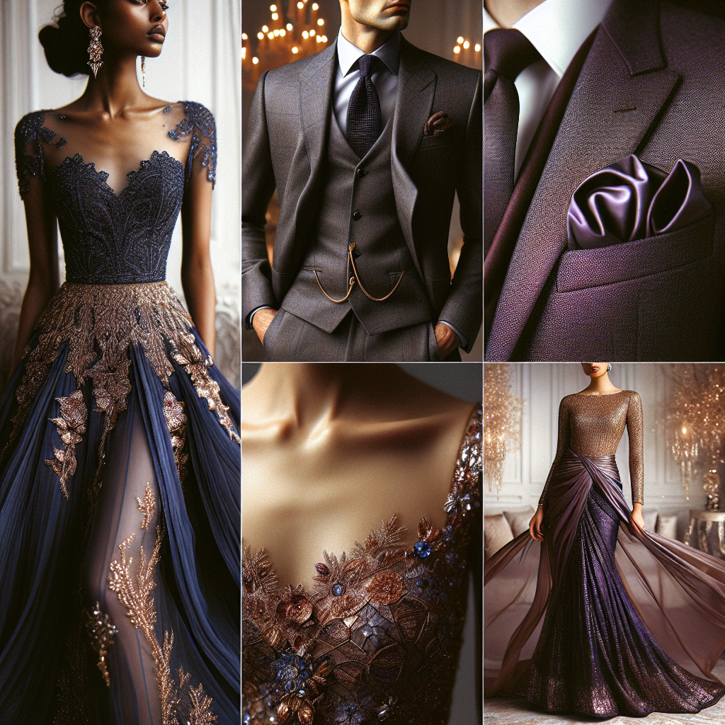 A detailed display of stunning outfits for weddings, with a focus on effortless elegance. Show a luxurious cocktail dress, its deep blue fabric shimmering under soft lights. Next, envision a fitted three-piece suit, in a warm charcoal grey, accentuated by a tasteful, silk pocket square. Additionally, show a beautiful, flowing sari in rich shades of amethyst and gold. Include a hint of sparkle and opulence in the detailing of the outfits, just enough to make them stand out as statement pieces. Not to forget, the outfits are seen on individuals of diverse backgrounds - Asian female in the sari, Caucasian man in the suit and a Black woman in the cocktail dress, exuding the vibe of global fashion.
