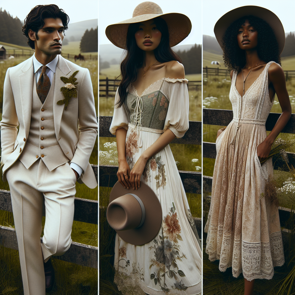 Create an image showcasing a variety of elegant outfits suitable for a rustic country wedding. The scene should include four individuals in a tranquil, outdoor setting. The first person should be a South Asian man sporting a stylish, cream-colored suit and a matching vest. The second person can be a Middle-Eastern woman, draped in an elegant floral dress, with hues of subtle pastels. The third person can be a Hispanic woman holding a wide-brimmed hat, wearing a chic vintage-inspired dress with lace details. Lastly, depict a Black man wearing a charming semi-formal outfit, accessorized with a chic trilby hat. Atmospheric elements like green fields, wooden fences and distant wildflowers shall enhance the country vibes.