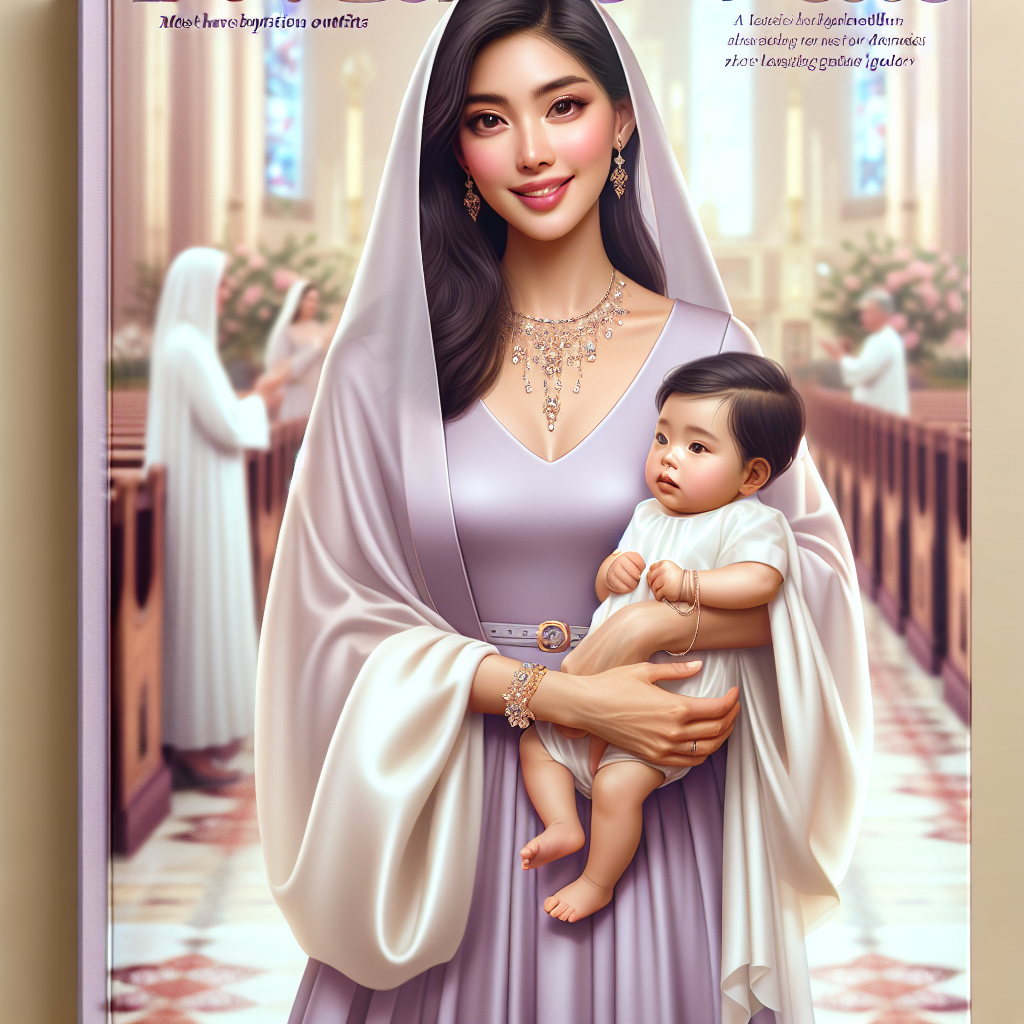 Imagine an instantly appealing guide cover for an article titled 'Effortless Guide: Must-Have Baptism Outfits for Godmothers'. It showcases stylish attire appropriate for a baptism, including a tasteful dress, a light shawl, and classic jewelry. In the foreground, a radiant South Asian woman is dressed up as a godmother, holding a swaddled infant. She wears a tasteful lavender dress, a light pearly white shawl, and possesses a warm loving smile. In the background, a softly blurred church interior gives the scene a solemn atmosphere. The text of the title is elegantly presented at the top, with rich yet soft colors enhancing the appeal.