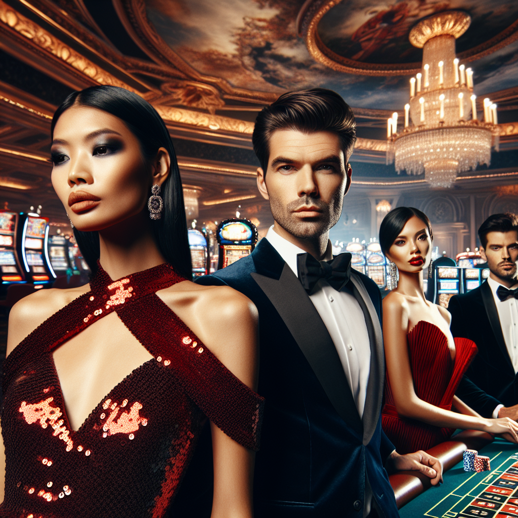 Envision a glamorous night at the casino. In the foreground, we have a diverse group of people all dressed impeccably. A South Asian woman adorns a sophisticated red sequin dress, a black man in a sleek tailored tuxedo, a Hispanic woman radiates in a royal blue off-shoulder gown, while a Caucasian man looks dapper in a black velvet suit. The background brims with the excitement of the games, roulette tables, slot machines, imposing chandeliers, and richly adorned walls. The image should exude an atmosphere of elegance, luxury, thrill, and the unmistakable allure of high-stakes gambling.