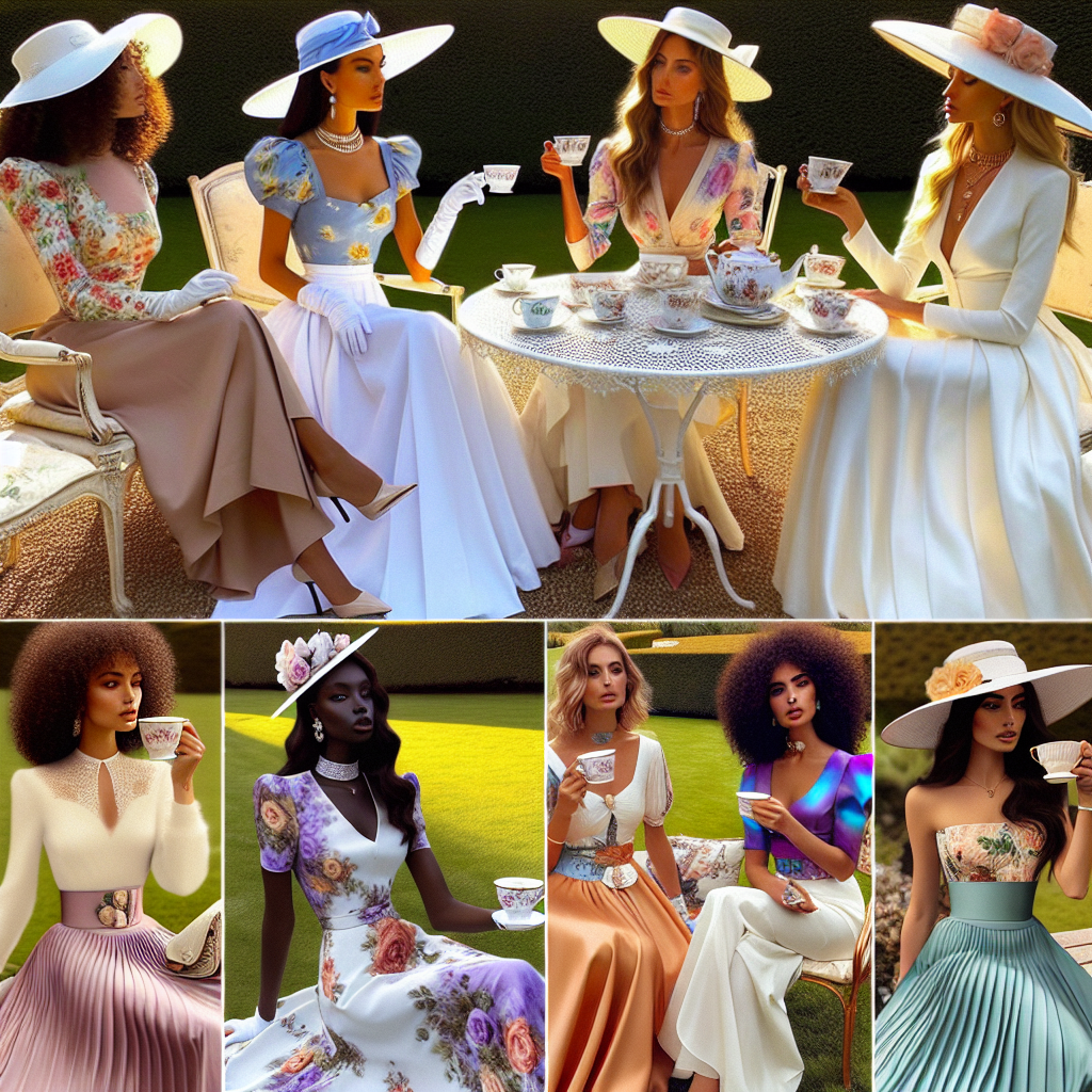 Stunning Outfits for Tea Parties: What to Wear with a White Long Skirt Picture a variety of stunning tea party outfits that pair well with a white long skirt. The first outfit features a woman of Hispanic descent with a floral-topped ensemble, paired with her white skirt. The second one depicts a Middle-Eastern woman in a pastel-colored blouse that complements the white skirt. The third visualizes a Black woman in a vibrant-colored summer top with the white skirt. Each individual is further enhanced with matching accessories like hats, gloves, and handbags. All of them are gathering in a sunlit garden, sipping their tea, exuding elegance and sophistication.