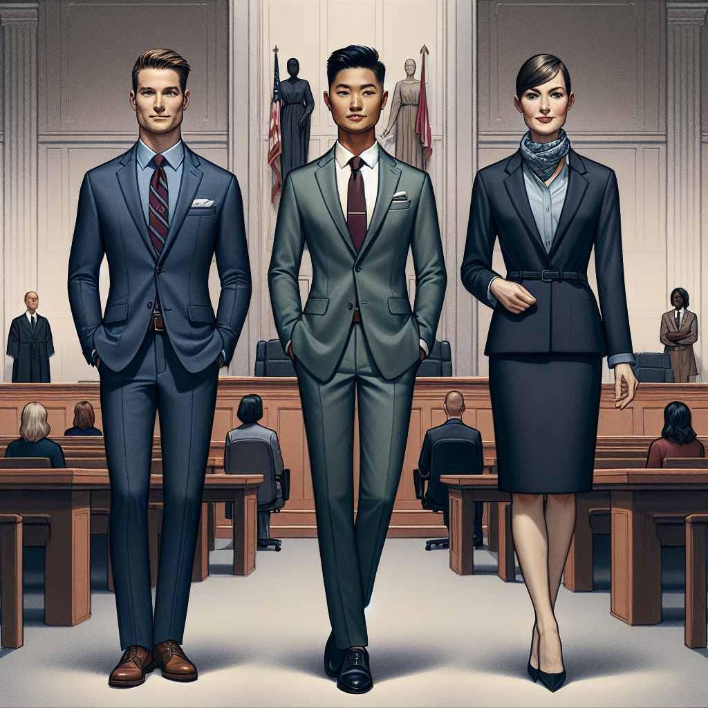 Visualize an informative, fashion-centric scene set within a courtroom environment. In the foreground, focus on three individuals representing different ethnicities - Caucasian, Hispanic, and Middle Eastern - all dressed impeccably to depict the theme 'What to Wear to Court'. The first person, a Caucasian man, is sporting a well-tailored navy blue suit with a coordinating light blue shirt and maroon tie. The second person, a Hispanic woman, is styled in a modest, professional dark green dress suit. The third person, a Middle Eastern man, is elegantly dressed in a crisp black suit with a white shirt. These individuals are framed by a backdrop that involves elements of a courtroom, such as the judge's bench, witness stand, and gallery of seats.