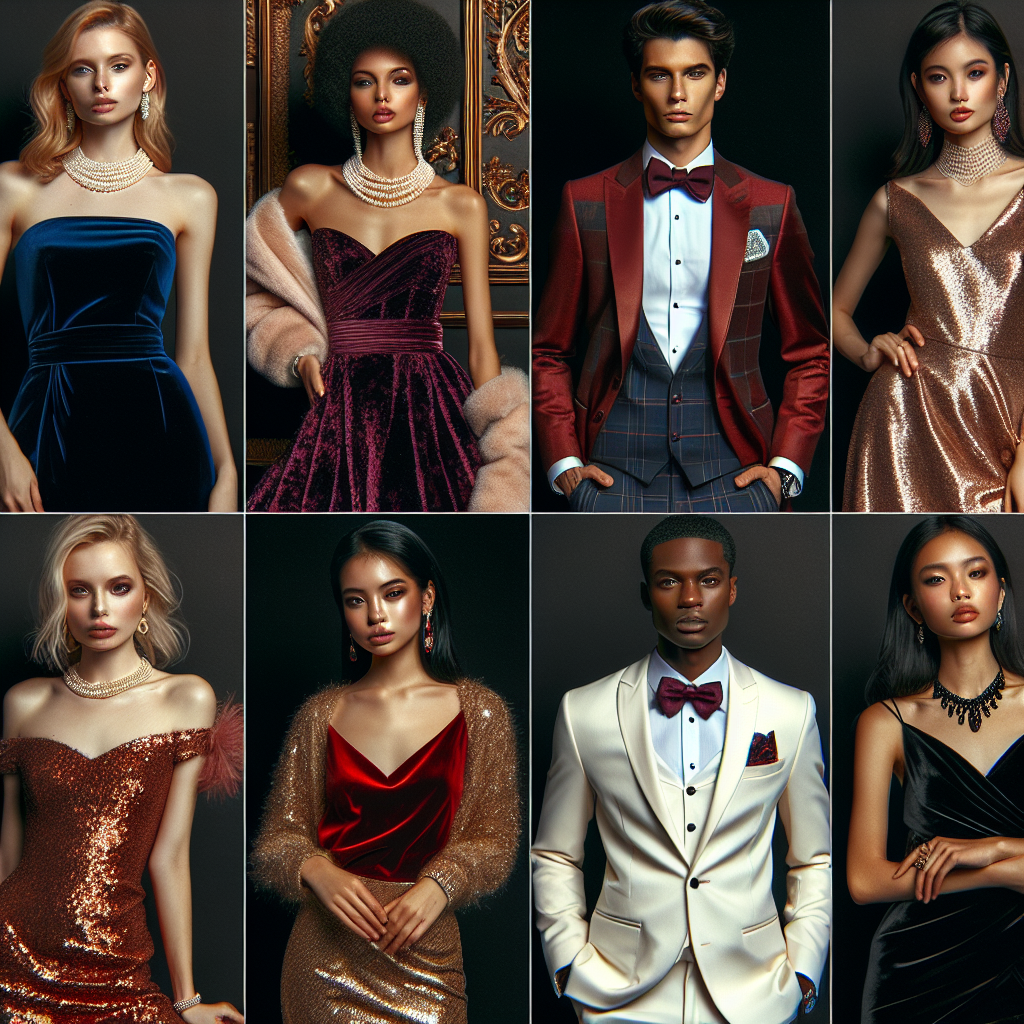 Stunning Outfits for Closing: Effortless Elegance A diverse group of models showcasing a variety of elegant outfits suitable for closing events. Imagine a Caucasian woman in a midnight-blue velvet gown, a pearl necklace accentuating its deep color. Next, a Hispanic man elegantly dressed in a maroon three-piece suit with a burgundy bow tie. Then picture a Middle-Eastern woman wearing a golden sequin dress matched with high heels. Furthermore, visualize a Black man in a crisp white tuxedo paired with black patent leather shoes. Lastly, see a South Asian woman elegantly clad in a red silk-satin dress matched with ruby accessories. All exuding effortless elegance.