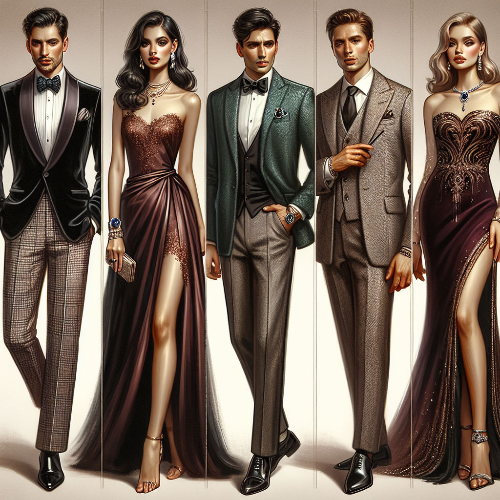 Stunning Outfits for Steakhouse Evenings: Find Your Flair Imagine an array of stunning outfits designed for a lavish evening at a classy steakhouse. The first outfit is a luxurious black velvet suit worn by a Middle-Eastern gentleman, paired with a white shirt and a dazzling Sapphire cufflink. Another ensemble portrays a South Asian woman in a chic, maroon cocktail dress with bronze highlights, accentuated by a string of pearls. There's also a Caucasian man in a grey tweed suit, sporting a classy mauve cravat. Lastly, envisage a Hispanic woman donning a sophisticated teal gown with a high slit, adorned with gold accessories. All these individuals emanate elegance and flair.