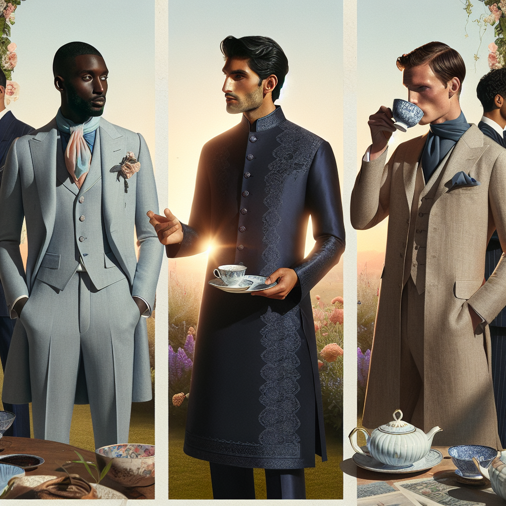 A visual representation of a fashionable tea party for men. On the left, a Black man is wearing a light grey three-piece suit with a pastel blue cravat while holding a cup of tea. Beside him, a South Asian man is dressed in a dark navy blue kaftan, a traditional attire, and sipping from a delicate porcelain teacup. Towards the right, a Caucasian man in a modern, tailored beige linen suit engaging in a conversation. The background consists of an outdoor setting filled with flowers, vines and the sun faintly seen in the distant. The men demonstrate a variety of stylish, elegant tea party attires, showcasing a fusion of traditional and modern aesthetics.