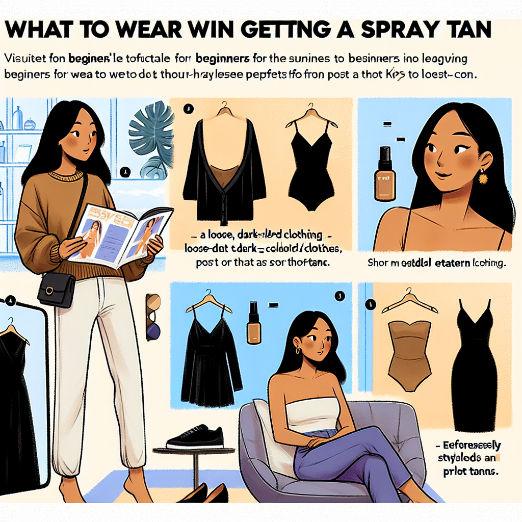 What to Wear to a Spray Tan: Effortless Tips for Beginners Visualize an informative, illustrative guide for beginners on what to wear when getting a spray tan. Focus on elements such as loose, dark-colored clothing, effortless style, and comfort. Show a series of three panels. The first depicts an Asian woman reviewing a collection of her potential attire choices. The second has a Middle Eastern woman demonstrating how to wear a loose, dark-colored dress perfect for a post-tan visit. The third panel should display a Hispanic woman comfortably seated post-tan, wearing an effortlessly stylish and tan-friendly outfit. Adherence to beginners' tips for a hassle-free spray tanning experience is to be the crux of the illustration.