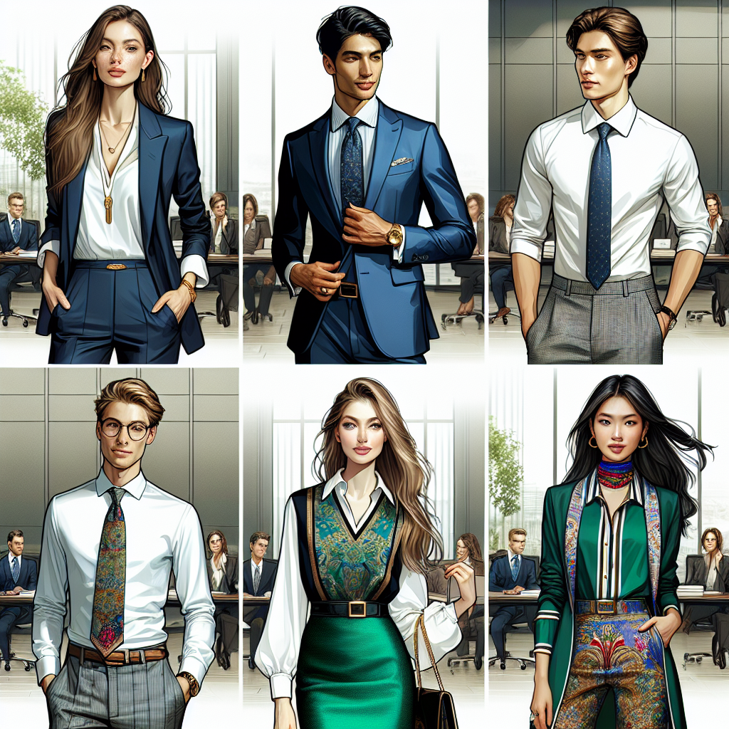 Stunning Outfits for Work Conferences: Effortless Style Picture a variety of stylish professional outfits designed for work conferences. Imagine a Caucasian woman exuding confidence in a sleek, navy blue power suit, adorned with subtle gold accessories. Next, envision a Black male looking dapper in a crisp white dress shirt, gray trousers, and a patterned tie. Consider also a South Asian woman dazzling in a vibrant, emerald green pencil skirt paired with a crisp, white blouse, topped with a colorful silk scarf. Picture these outfits arranged against a backdrop of a modern conference room representing the effortless style at work conferences.
