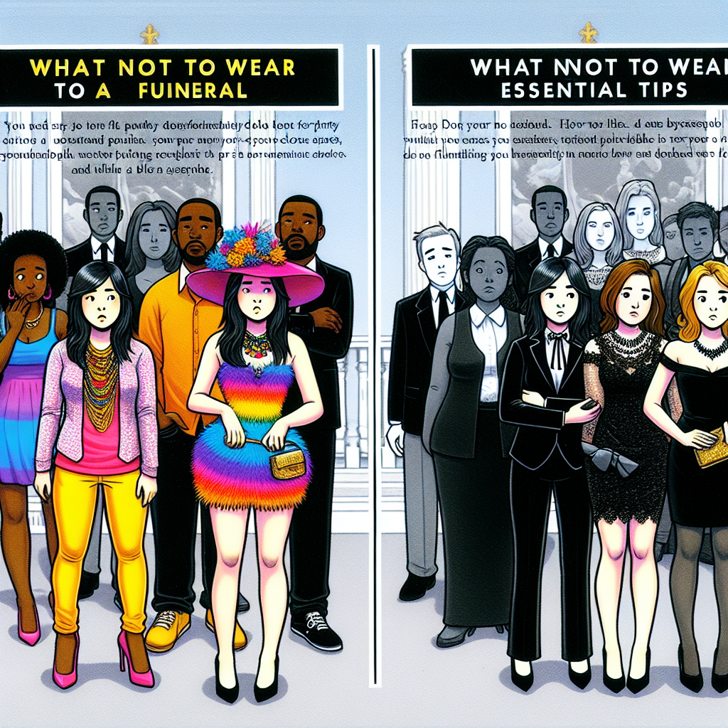 A detailed guide cover illustrating contrasting scenes. On the left half, an Asian woman dressed inappropriately for a funeral. She wears vivid colors and party attire, with a flashy hat and flamboyant accessories. Notice of disapproval on the bystanders' faces, a Hispanic man in casual attire and a Middle-Eastern woman huddled in formal black. On the right half, the same woman now appropriately dressed in subdued colors, a black outfit, without any ostentatious accessory. The faces of the bystanders, now a Black man and a White woman dressed in formal black attire, show approval and solemnity. The title, 'What Not to Wear to a Funeral: Essential Tips' at the center partition of the scenes.