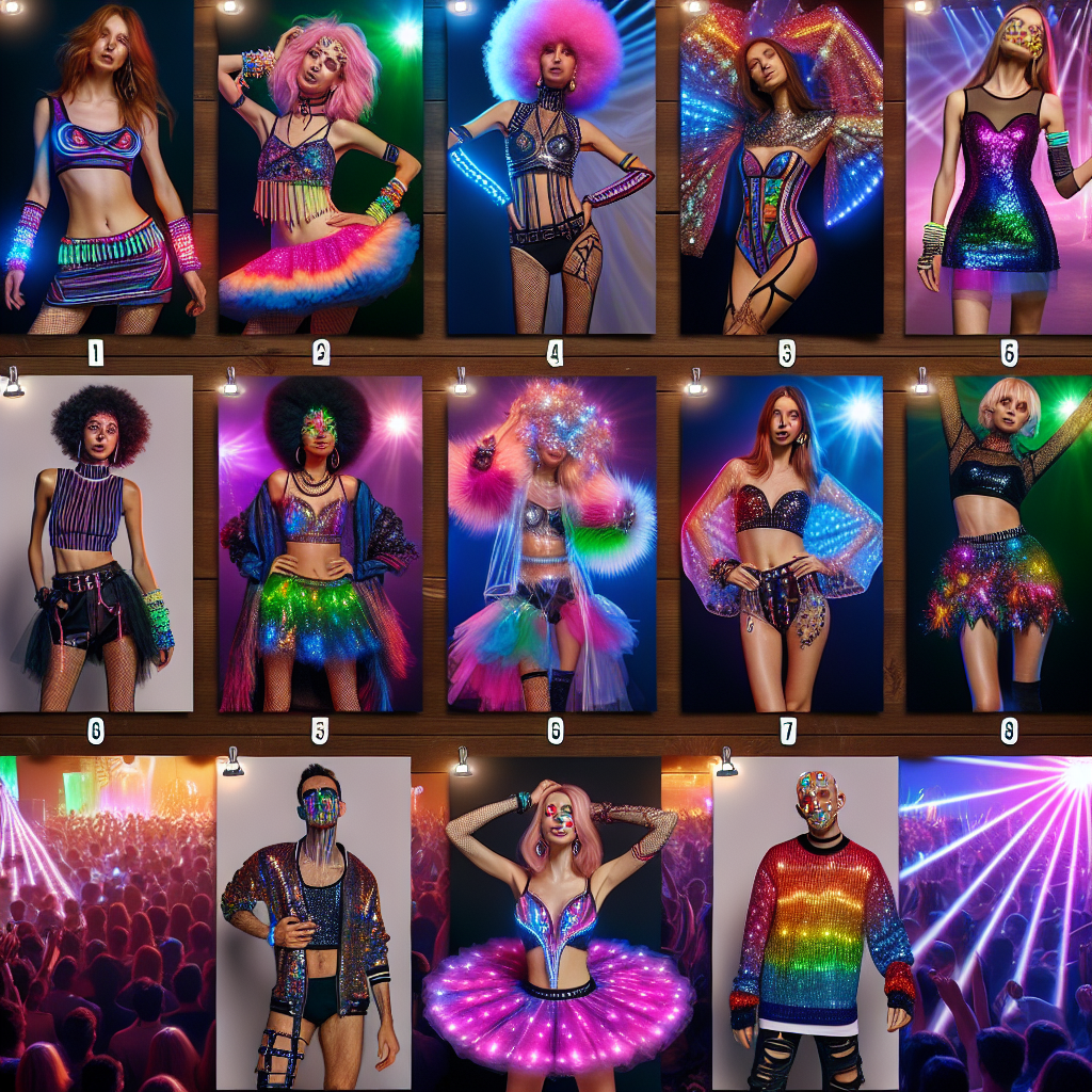 Visualize a style guide for essential rave outfits highlighting various unique looks. Include an assortment of vibrant and colourful party clothing - neon tutus, sequin tops, LED gloves and shimmering face gems on models of diverse descents and genders. Paint a festive scene under strobes of pulsating light and an energetic crowd, reflecting the lively and free-spirited ambiance of a rave party. Each model displaying their best look, embodying the vibrant energy, eccentricity, and exuberance of rave culture.