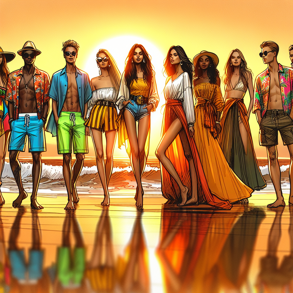 Beach Party Fashion: Discover Stunning, Effortless Looks Draw an image that portrays a lively beach party where the attendees are dressed in an array of vibrant, effortless yet stunning beach fashion. Let the sun be setting, casting warm hues across the sky, reflecting off the ocean waves. Focus on detailing a diverse crowd, including a Hispanic man in neon board shorts, a South Asian woman in a bohemian maxi dress, a Caucasian man in a Hawaiian shirt and cargo shorts, and a Black woman in an elegant sarong. The overall mood should be lively, playful, and the fashion, exceptionally summer-inspired, should catch the eye.