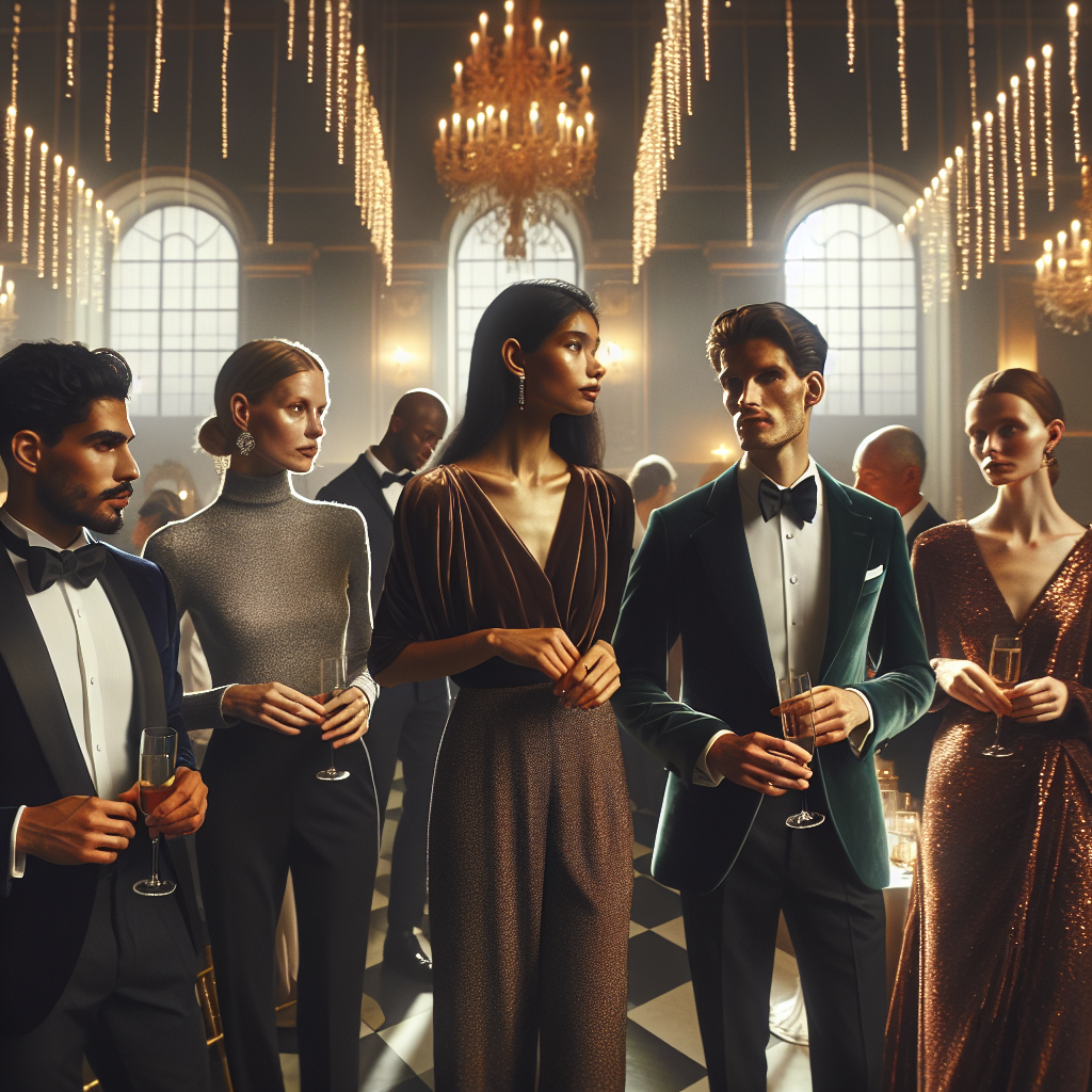 Stunning Outfits for Sports Banquets: Effortless Elegance Visualize a grand hall adorned with tastefully muted lights. It's a sports banquet, and the air is filled with a sense of festivity and camaraderie. Showcase a diverse array of attendees, conveying a sense of effortless elegance in their outfits. A Caucasian woman in a sleek black jumpsuit glances at a Middle-Eastern man impeccably dressed in a classic tuxedo. A South Asian woman in a shimmering saree, a modern take on traditional attire, converses with a Hispanic man in a tailored navy-blue suit. A Black woman in a radiant maroon dress and a White man in a green velvet blazer exemplify the sartorial diversity that makes this banquet uniquely chic.