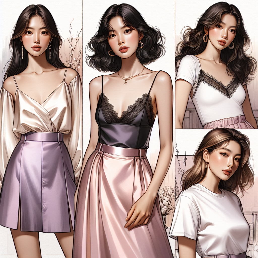 Must-Have Tops for a Silk Slip Skirt: Effortless Style An elegant fashion arrangement depicting various styles of tops that can beautifully complement a silk slip skirt. Picture a serene East Asian woman modeling a chiffon blouse tucked into a lavender silk slip skirt, then transition to a wavy-haired Hispanic woman flaunting a lace-trimmed cami top with a black silk slip skirt. Lastly, envision an athletic Caucasian woman wearing a simple white T-shirt elegantly paired with a rosy silk slip skirt. The backdrop should be subtly rendered to spotlight the effortless style and the luxurious feel of the tops and skirts.
