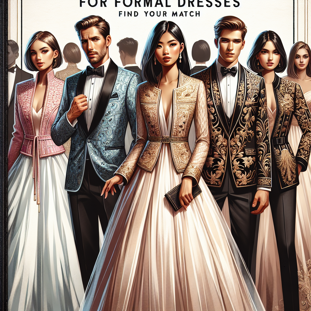Envision a shopping guide cover featuring a variety of meticulously designed formal jackets of different styles and materials that complement elegant formal dresses. Imagine these jackets in various cuts & patterns suitable for special occasions. Visualize a middle aged Caucasian man elegantly dressed with a classic black tuxedo jacket over a formal dress shirt, a young Asian woman stunning in a chic bolero jacket over a floor-length gown, and an older Middle-Eastern woman looking royal in an ornate embroidered jacket over a formal evening dress. Include the text 'Must-Have Jackets for Formal Dresses: Find Your Match' in creative and sleek lettering at the top.