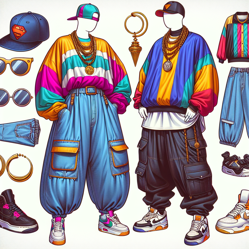 Create a colorful image that throws back to hip hop style of the 90s. It should have an array of must-have outfits for any 90s themed party. The first outfit is a South Asian female figure wearing baggy denim jeans, a colorful windbreaker and a backwards baseball cap. The second outfit should feature a Middle-Eastern male wearing dark colored baggy trousers, a graphic tee, and a gold chain. Lastly, display a pair of classic chunky white sneakers, a snapback, oversized sunglasses, and large hoop earrings as additional accessories.
