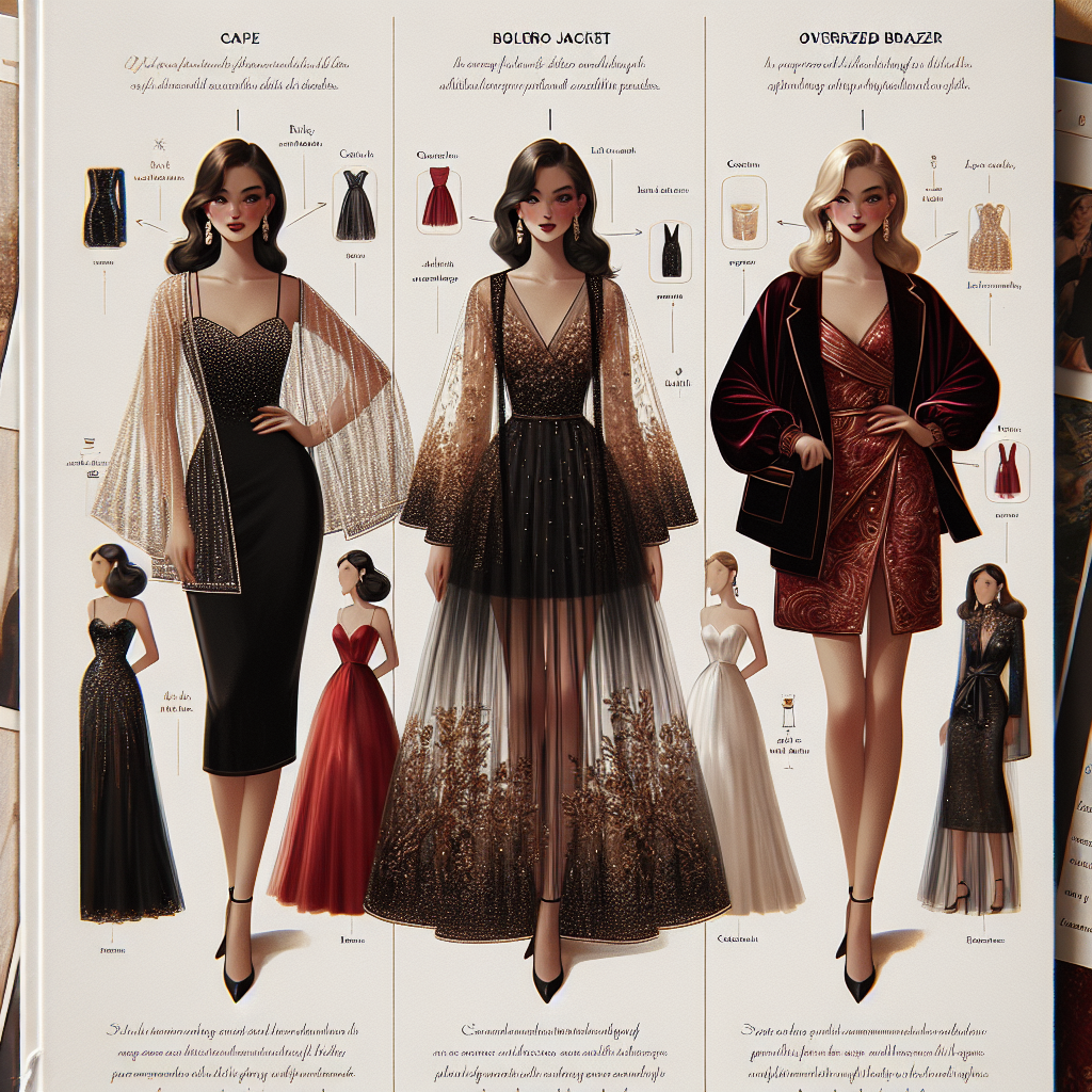 Elevate Your Look: Best Overlays for Cocktail Dresses Imagine a fashion spread featuring women showcasing the versatility of cocktail dresses. Front and center is an East Asian woman in a sleek black cocktail dress adorned with a sheer, sequin-embellished cape. To the right, a Caucasian woman exhibits a classic red cocktail dress with a gold brocade bolero jacket. To the left, a middle-eastern woman is presenting a chic white cocktail dress, uplifted with a velvet burgundy oversized blazer. Floating above them are labels that list the types of overlays - the cape, bolero jacket, and oversized blazer- along with descriptions of why they are the best choices. The scene is filled with an ambiance of elegance.