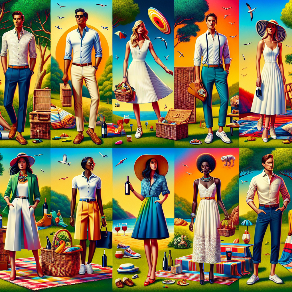 Must-Have Outfits for a Stylish Company Picnic A vivid, color-drenched scene showcasing a diversified collection of must-have outfits ideal for a stylish company picnic. Visualize an array of individuals in stylish corporate casual attire with a picnic-inspired twist. The first, a South Asian male in a crisp linen shirt paired with chinos and boat shoes. Next, a Caucasian female in a sophisticated sundress with a statement neckpiece. A Black female in smart capri pants with a lightweight blouse. A Hispanic male in smart blue jeans and a button-down shirt with rolled-up sleeves. Each person holding a different picnic item - a wicker basket, blanket, wine bottle, and a frisbee. Have a natural, outdoor setting in the background, filled with trees, sun, and blue sky.