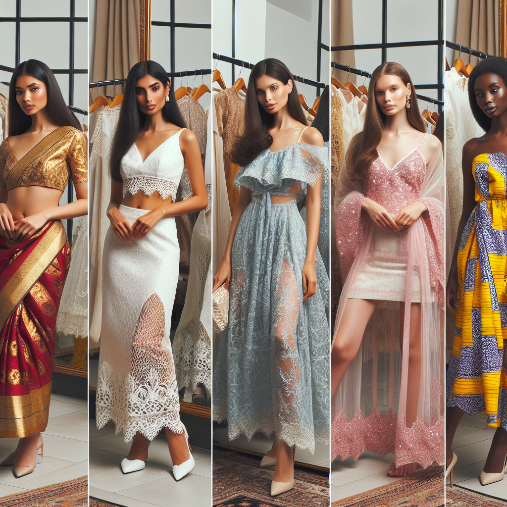 Stunning Outfit Ideas for Bridal Showers: Find Your Match A collage of five diverse women trying on bridal shower outfits: a South Asian woman wearing a gold and red traditional sari, an East Asian woman in a modern white dress with intricate lace detailing, a Middle Eastern woman adorned in a stylish blue kaftan, a Caucasian woman in a pastel pink sequin midi dress, and an African woman flaunting a chic, yellow African print dress. Each woman is standing in front of a mirror, evaluating the outfit's fit and style. The setting is a boutique with racks of assorted dresses in the background.