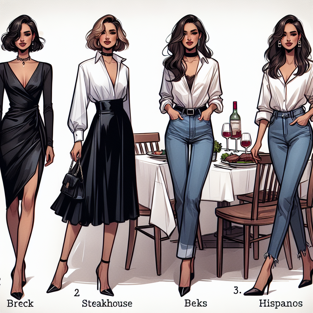 An ensemble of must-have outfits for women dining at steakhouses. First, a sophisticated, black, mid-length dress with a deep neckline and a choker, worn by a Middle-Eastern woman. Second, a chic, white, button-down shirt paired with blue, high-waisted, skinny jeans and black ankle boots modeled by a Caucasian woman. Third, a stylish, red, silk blouse paired with a high-waisted black leather skirt and stilettos showcased on a Hispanic woman. Fourth, a laid-back, denim jumpsuit over a white tee, modeled by a South Asian woman. The scene captures an aura of elegance, sophistication, and effortless style.