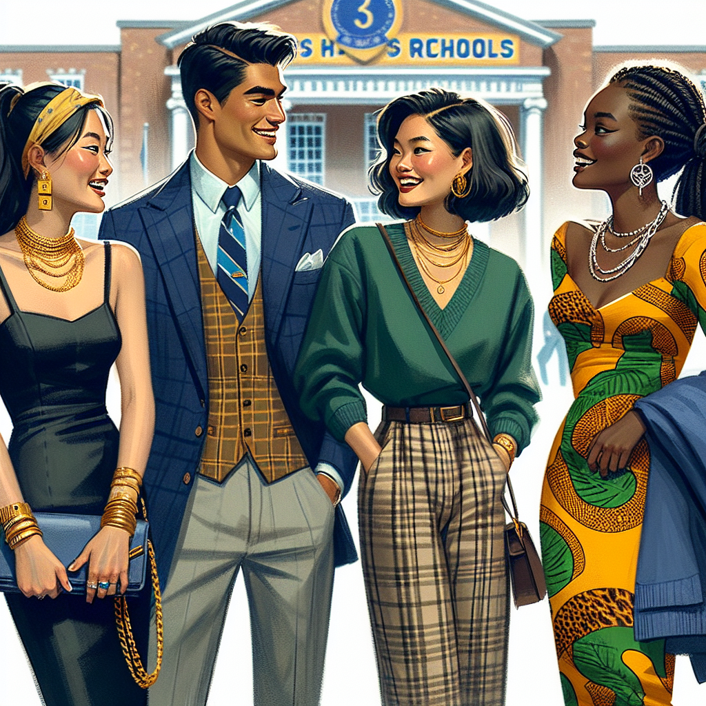 Imagine a scene showing four individuals donning trendy reunion outfits at a high school location. The first individual is an East Asian woman wearing a chic black dress with fine golden jewelry. The second is a Latin-American man in a classic navy-blue suit with a light blue shirt and a tie. The third, a Caucasian male, sports a smart-casual outfit, which is a mix of a plaid long sleeve shirt with khaki trousers. The last, an African woman, appears in a vibrant Ankara print dress paired with a statement necklace. All are laughing and conversing under the school's symbol.