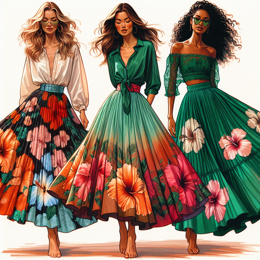Stunning Outfits for a Luau: Effortlessly Chic Silk Skirt Styles Picture a scene at a luau, with all its vibrant colors, tropical flowers, and carefree ambiance. Picture three women, each of distinct descent: Caucasian, Hispanic, and Black. They each have an outfit that epitomizes elegance with a dash of casual island charm. The woman of Caucasian descent is sporting a richly patterned silk skirt in a palette of sunset hues that accentuates her waist, paired with a simple white top. The Hispanic woman is wearing a high-waisted silk skirt, dyed in the hues of the tropical ocean, paired with a bright, flower motif blouse. Lastly, the Black woman is adorning an emerald green silk skirt, featuring a hand-painted hibiscus pattern, paired with a dainty lace top. The skirts sway dreamily as they move, demonstrating the effortless chic of silk skirt styles for a luau.