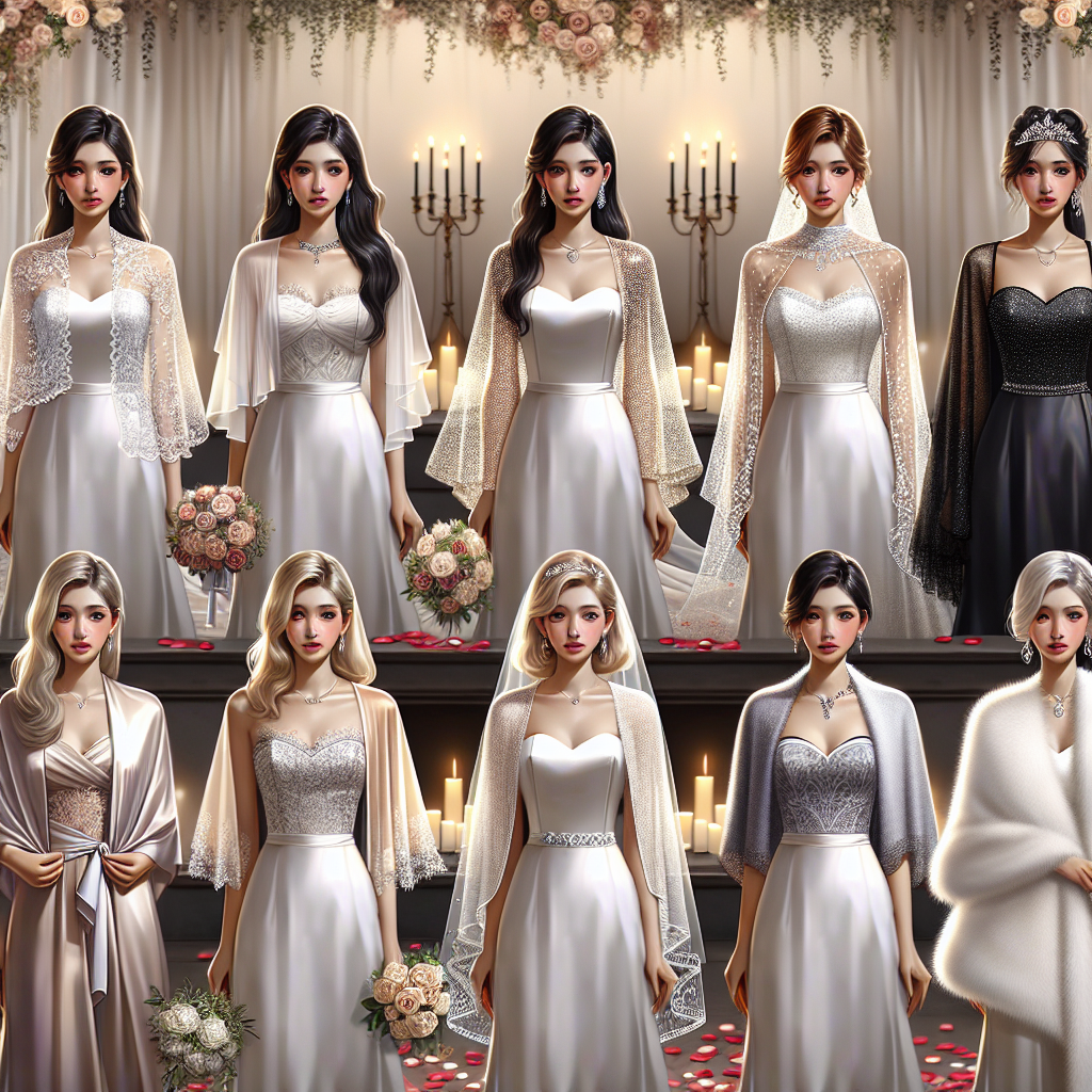Stunning Wedding Cover-Ups for Sleeveless Dresses A visual display of different wedding cover-ups designed for sleeveless dresses. Show a variety of styles such as elegant lace boleros, satin capes, rhinestone embellished shawls, and luxurious faux-fur wraps. The models wearing these cover-ups are varied, displaying different styles on an East Asian bride, a Caucasian woman renewing her vows, a Black bridesmaid, and a Middle-Eastern woman attending a wedding. They are all standing in a romantic ceremony setup with rose petals scattered on the ground and a background decorated with strings of fairy lights and soft drapes.
