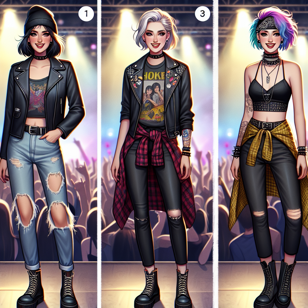 Must-Have Outfits for Pop Rock Concerts Create an image showing several fashionable outfits suitable for a pop-rock concert: 1) A female of South Asian descent sporting a classic leather jacket, ripped jeans and a band T-shirt; 2) A male of Hispanic descent in skinny black jeans, a grunge-style flannel shirt and vintage bandana; 3) A non-binary person of Middle-Eastern descent with a punk-inspired look, featuring multi-colored hair, a studded vest and black combat boots. Each person should be radiating enjoyment with the vibrancy of the concert atmosphere as the background.