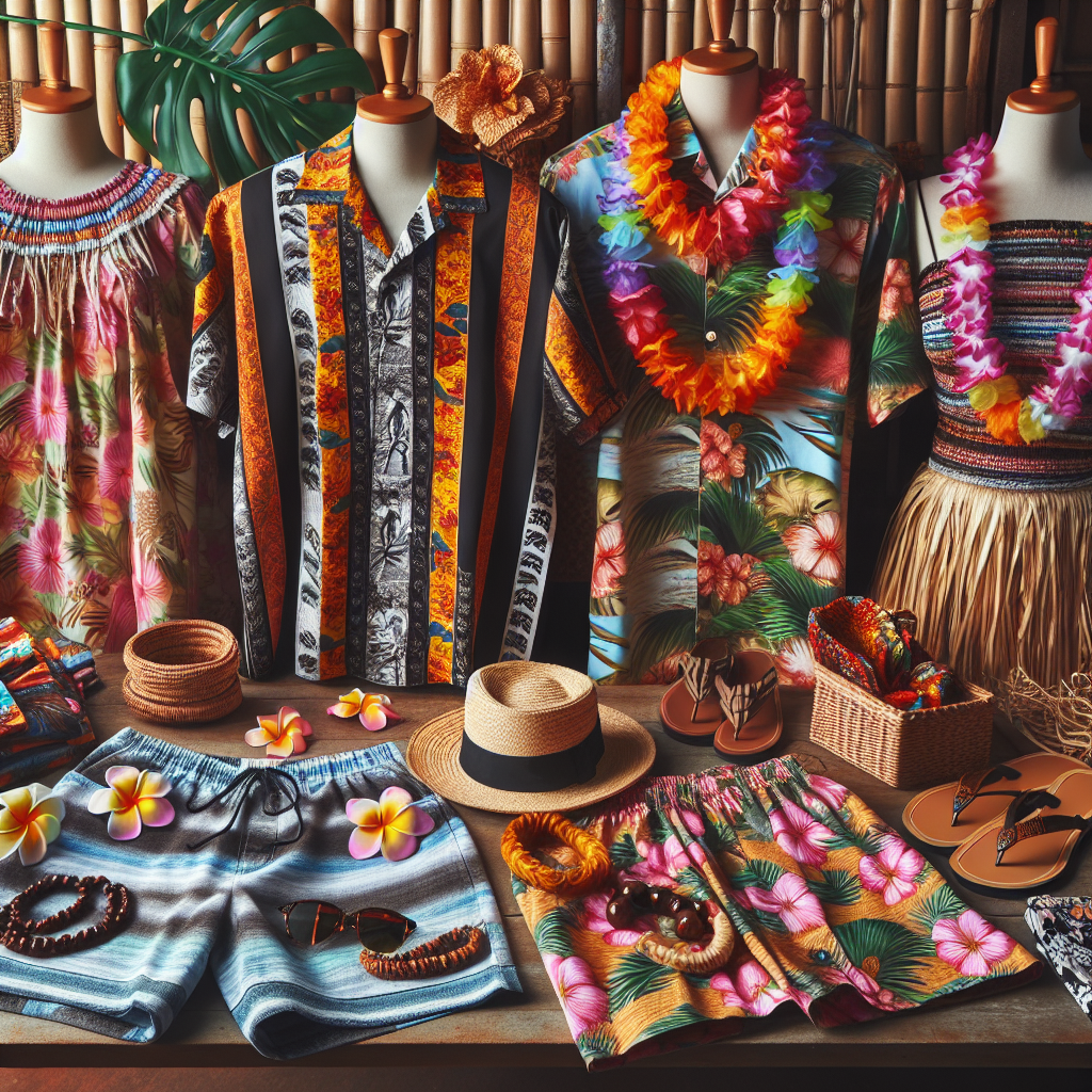 An attractive display of various items of Luau attire placed aesthetically. The image captures the vibrant spirit of a Hawaiian Luau. Include a traditional Hawaiian shirt with bold, bright patterns for a Caucasian man, a floral printed Muumuu dress for a Black woman, and garment like a traditional Hawaiian Pa'u skirt for a Hispanic woman. Add complimentary accessories such as a lei necklace made of colorful flowers, a Kukui nut bracelet, and a straw hat. The entire setting appears effortlessly stylish, ready to make a statement at a Luau party.