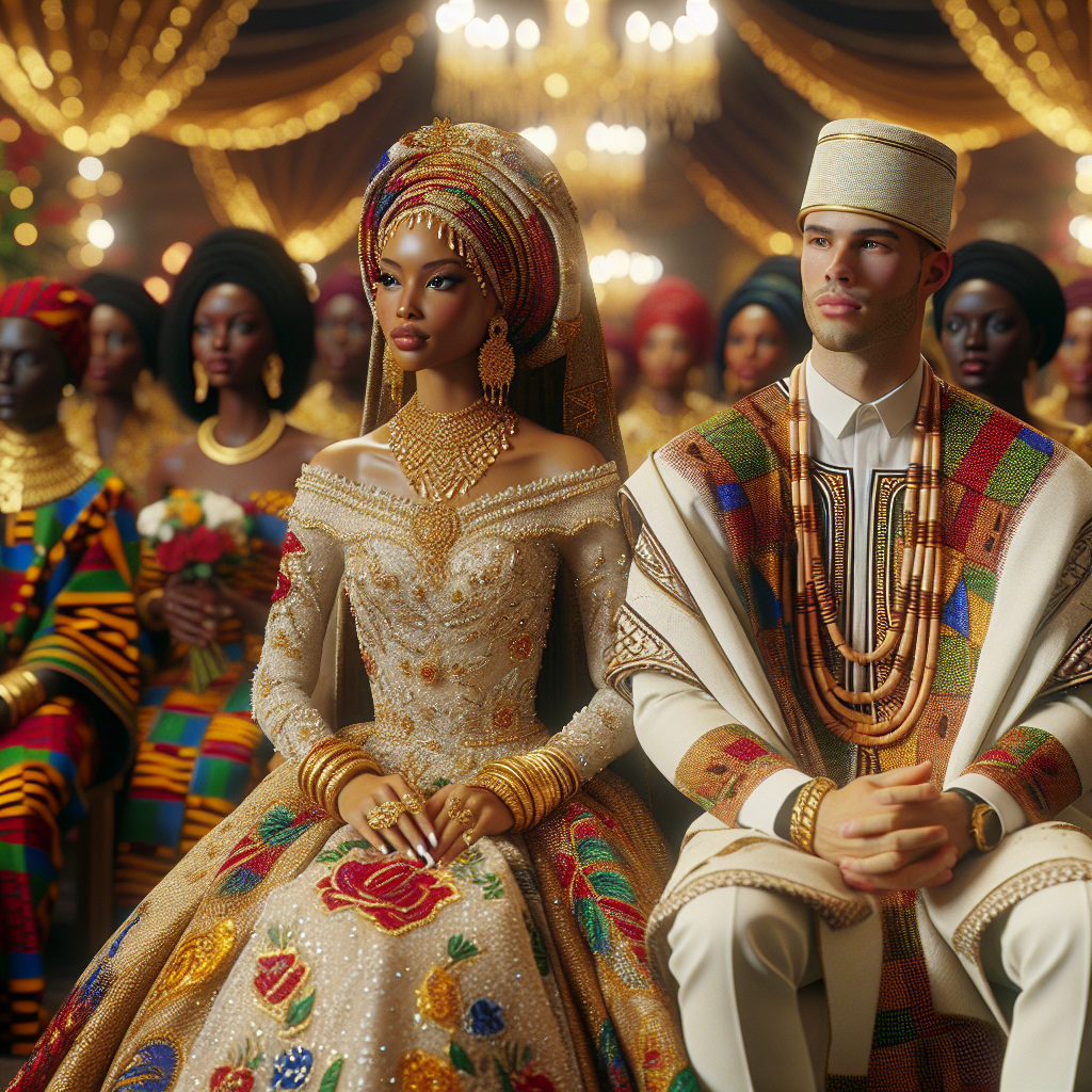 Stunning Outfits for African Weddings: Exclusive Guide Depict a showcase of spectacular outfits for African weddings. Foreground should include a South Asian woman elegantly dressed in a richly-embroidered, multicolored boubou gown, accentuated with gold jewelry. Nearby, illustrate a Caucasian man donning an immaculate, cream-colored dashiki ensemble, complemented by a matching Kente cloth cap. Background could showcase other attendees in diverse attire, demonstrating the vibrant traditions and varied styles of African wedding attire. Atmosphere should be jubilant, radiantly lit, with tasteful decorations adorning the scene. Please do not depict specific individuals; ensure people remain anonymous.