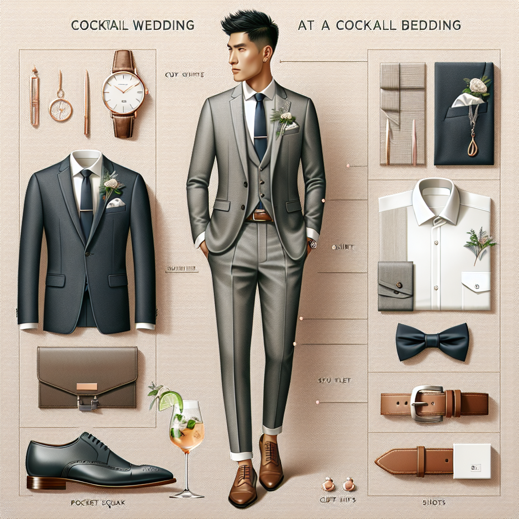 Stunning Men's Guide: What to Wear to a Cocktail Wedding Create an image detailing a visual guide for men's attire at a cocktail wedding. The image should include a stylish ensemble typically appropriate for such an event, incorporating elements like a well-tailored suit, perhaps in a unique shade such as slate gray or navy blue, a crisp white shirt, classy leather shoes and a matching belt. Additionally, have stylish accessories like a pocket square, cuff links, and a luxurious wristwatch. All items should be arranged in a neat and inviting layout, and include labelling for each component of the outfit. Highlight an Asian man modelling this outfit, in a sophisticated setting with soft ambient lighting. Attention should be paid to textures, materials, and fine details of the clothing items.