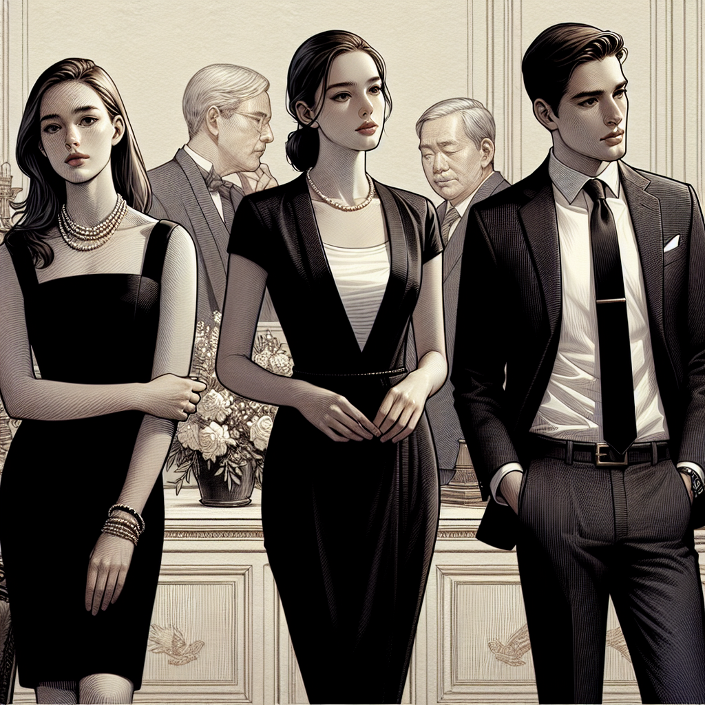 Must-Have Outfits for Memorial Services: Effortless Style An elegant, detailed scene of a sophisticated gathering, with three individuals showcasing different memorial service outfits. The first person, a Caucasian woman, is wearing a classy black dress paired with a modest pearl necklace. The second person, a South Asian man, is portrayed in a refined black suit with a plain white shirt and a tasteful black tie. The last individual, a Hispanic woman, showcases a chic black pantsuit, paired with a neat white blouse. Around them, the ambiance hints at the respectful solemnity of a memorial service. Overall, the image stresses the concept of effortless style.